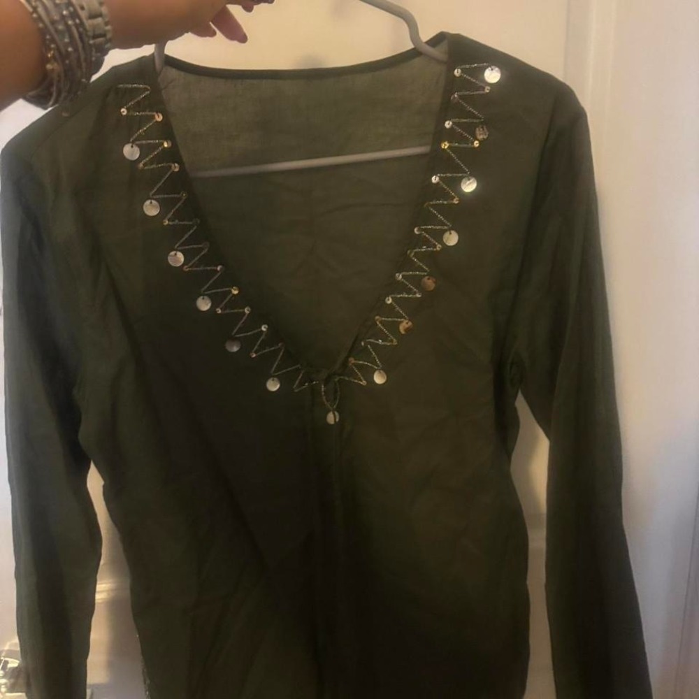 Khaki green long sleeve top with silver and gold beaded detailing - Picture 3 of 8